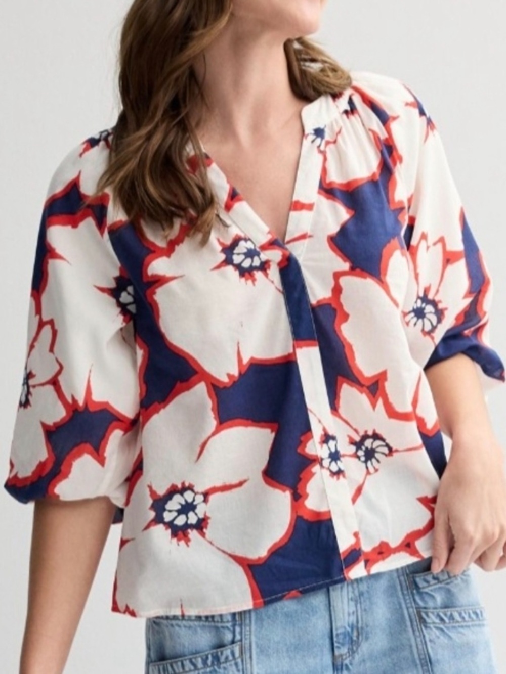 Sonoma red white and blue Floral Blouse Size M